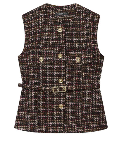 Comprar blusa tweed feminina sem manga marrom em promoção Anellimn