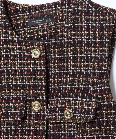Comprar blusa tweed marrom com bolsos de lapela em promoção Anellimn