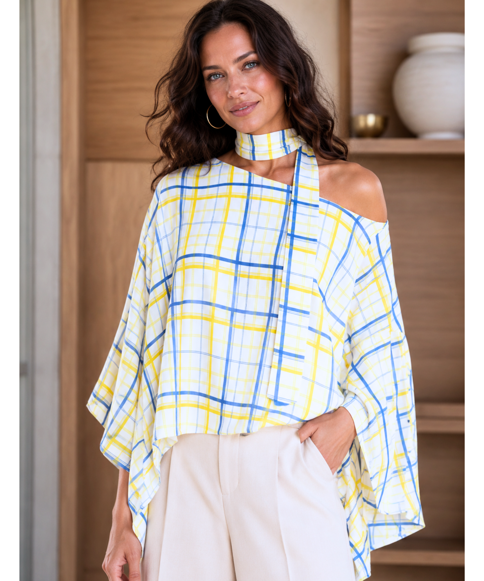 Comprar blusa xadrez feminina manga morcego amarelo e azul barata Anellimn