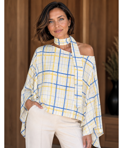 Comprar blusa xadrez feminina manga morcego amarelo e azul barata Anellimn