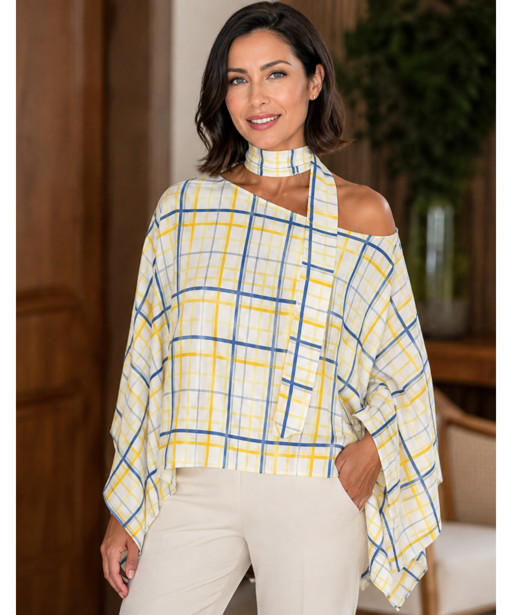 Comprar blusa xadrez feminina manga morcego amarelo e azul barata Anellimn