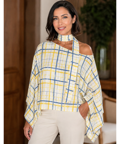 Comprar blusa xadrez feminina manga morcego amarelo e azul barata Anellimn