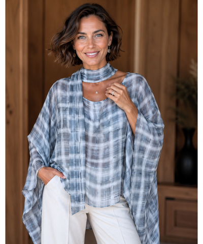 Comprar blusa xadrez feminina manga morcego azul barata Anellimn