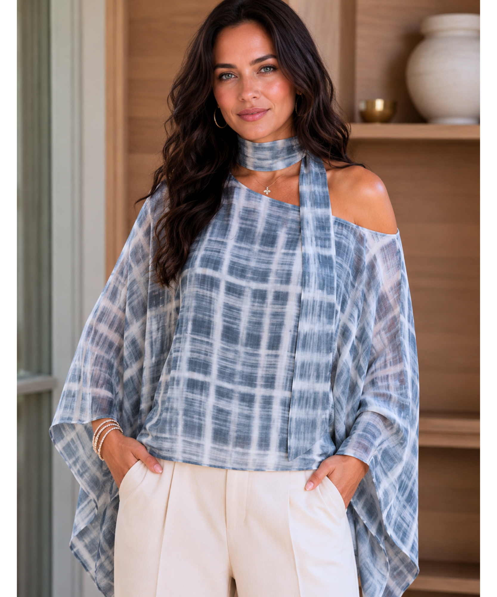 Comprar blusa xadrez feminina manga morcego azul barata Anellimn