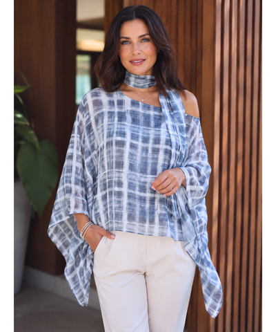 Comprar blusa xadrez feminina manga morcego azul barata Anellimn