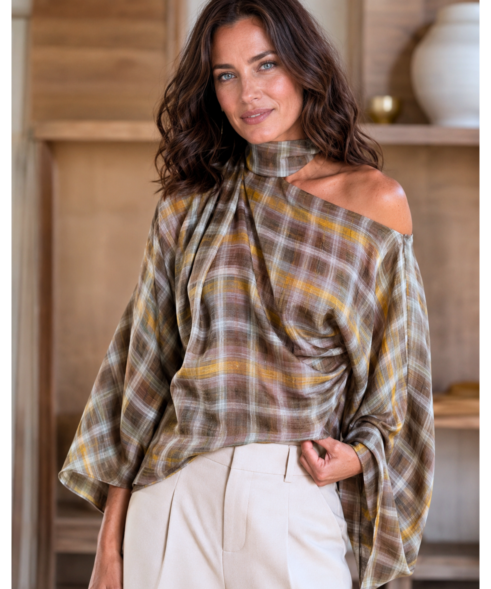 Comprar blusa xadrez feminina manga morcego verde oliva barata Anellimn