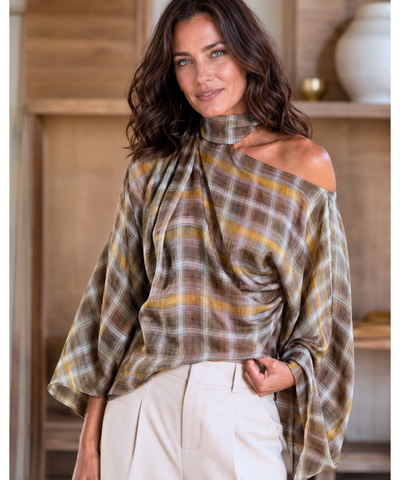 Comprar blusa xadrez feminina manga morcego verde oliva barata Anellimn