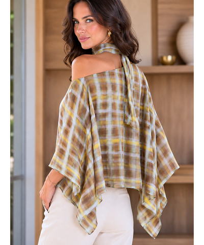 Comprar blusa xadrez feminina manga morcego verde oliva barata Anellimn
