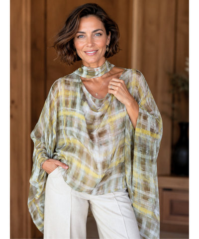 Comprar blusa xadrez feminina manga morcego verde oliva barata Anellimn