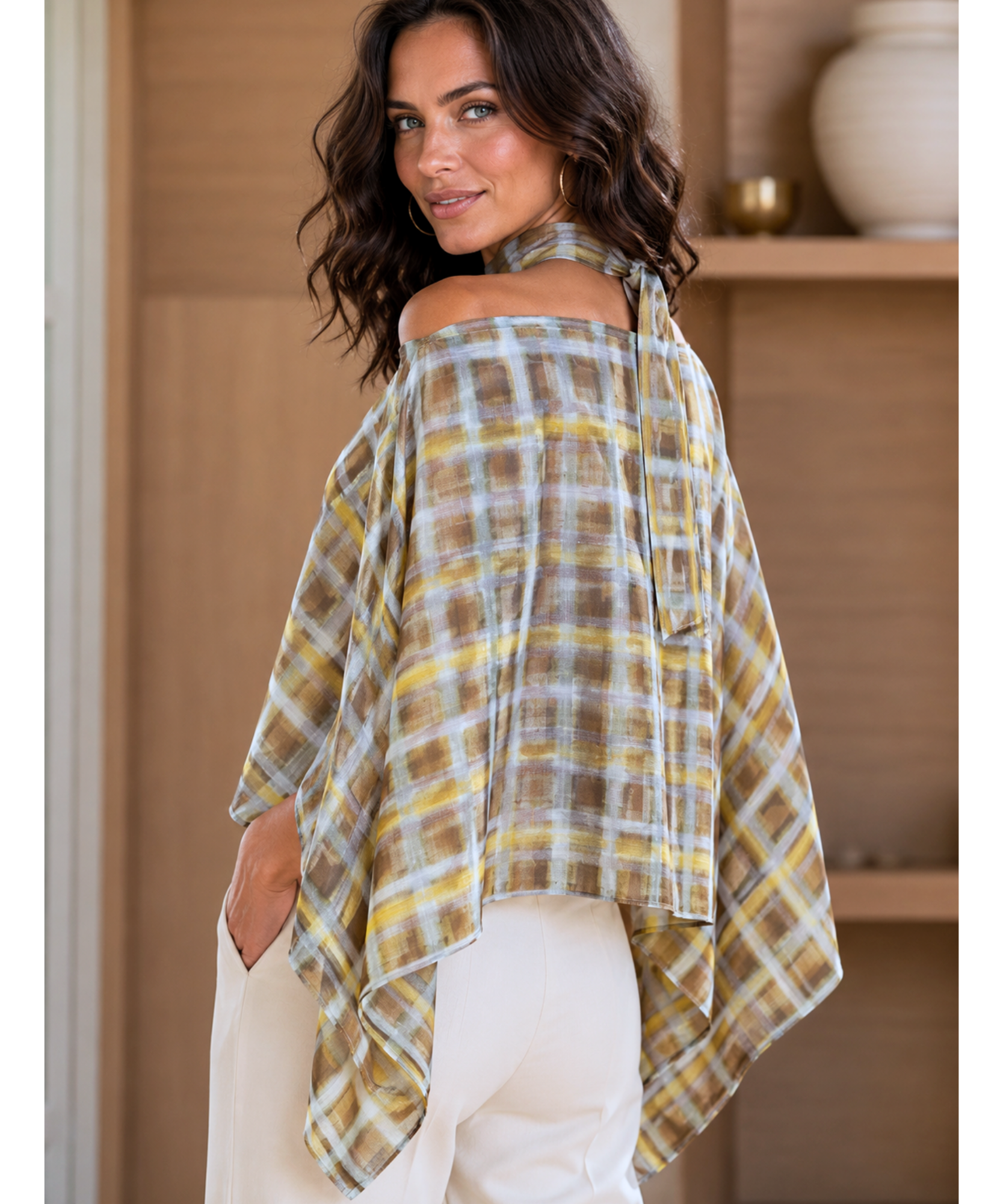 Comprar blusa xadrez feminina manga morcego verde oliva barata Anellimn