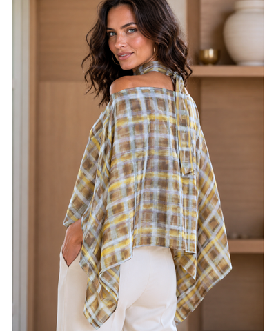 Comprar blusa xadrez feminina manga morcego verde oliva barata Anellimn