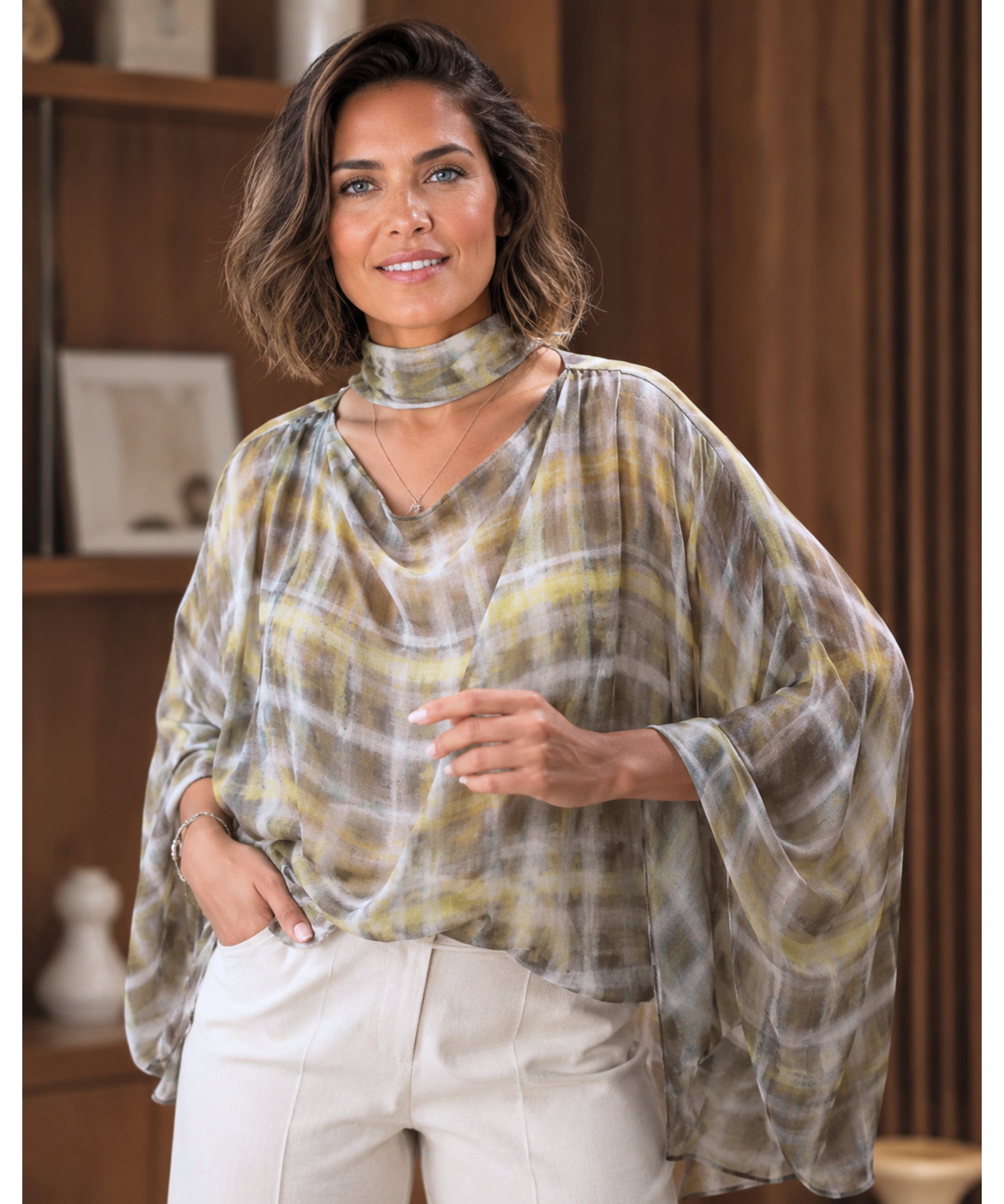 Comprar blusa xadrez feminina manga morcego verde oliva barata Anellimn