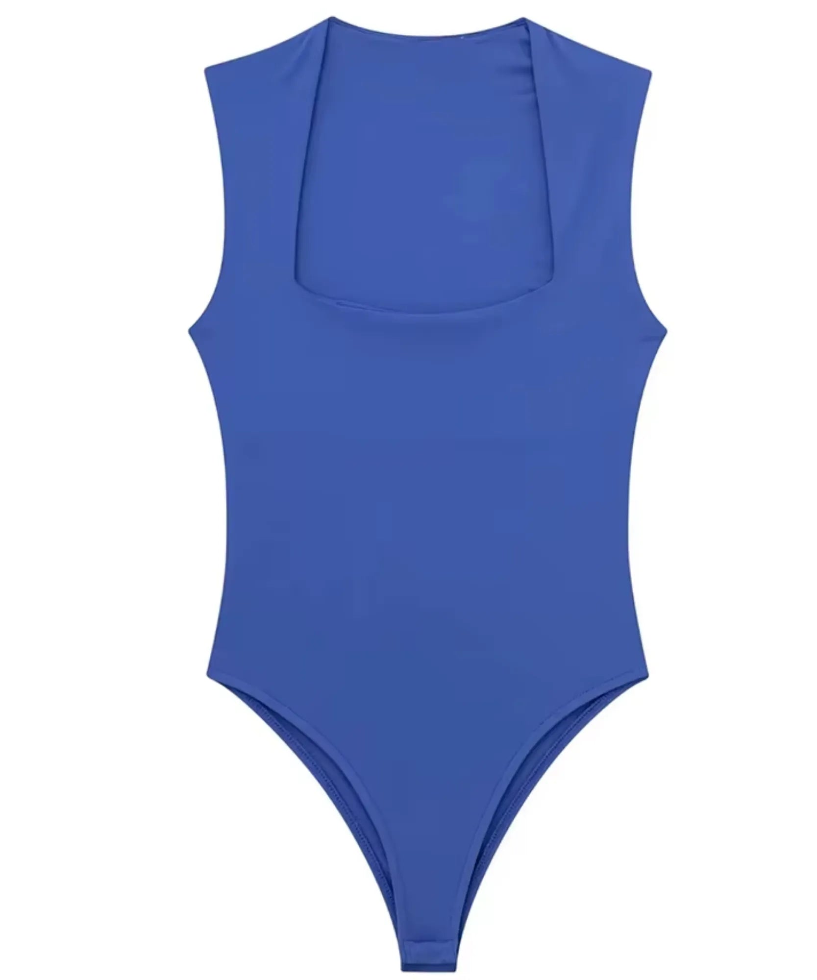 Body decote quadrado azul royal feminino em poliamida fotografado aberto, sem modelo