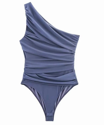 Comprar body feminino elegante cavado franzido azul acinzentado barato Anellimn