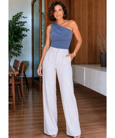 Comprar body feminino elegante um ombro só azul acinzentado look completo barato Anellimn