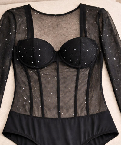  Comprar Body feminino manga longa brilho strass rosa festa modelador elegante balada barato ou em promoção