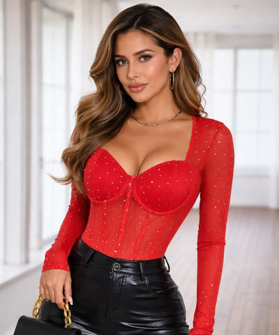  Comprar Body feminino manga longa brilho strass rosa festa modelador elegante balada barato ou em promoção