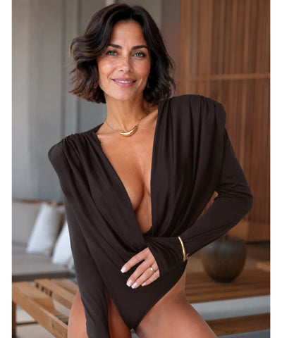 Comprar Body Manga Longa Decote Drapeado Recorte Lateral Cavado barato e em promoção ANELIMN