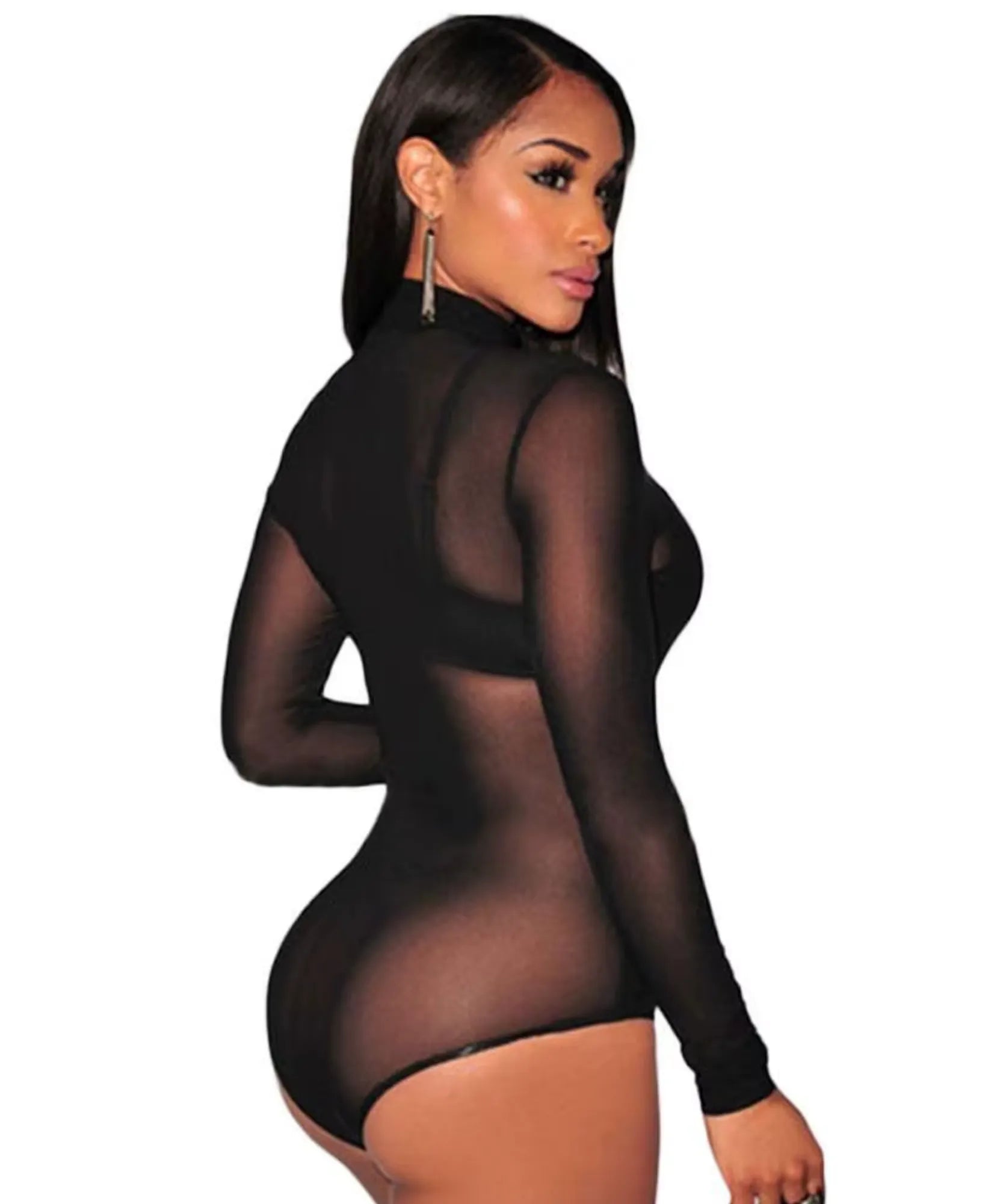 Comprar body manga longa feminino tule transparente liso gola alta preto e nude barato