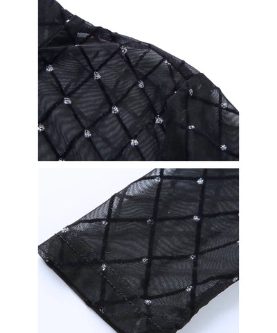 Comprar body manga longa feminino tule transparente com strass xadrez gola alta preto festas promoção VIA MARTE