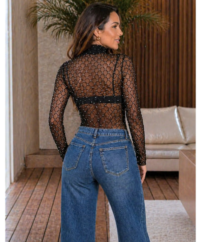 Comprar body manga longa feminino tule transparente com strass xadrez gola alta preto festas promoção VIA MARTE