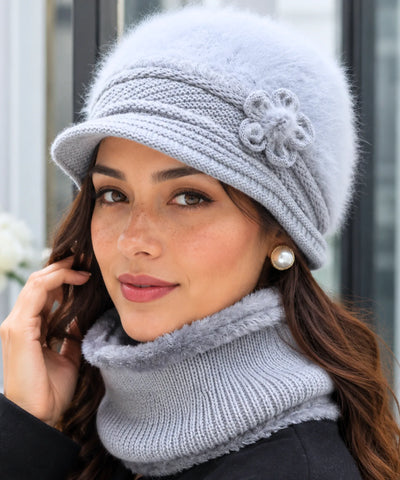 Comprar boina e cachecol feminino de tricô felpudo com forro quente para looks elegantes no inverno ANELLIMN