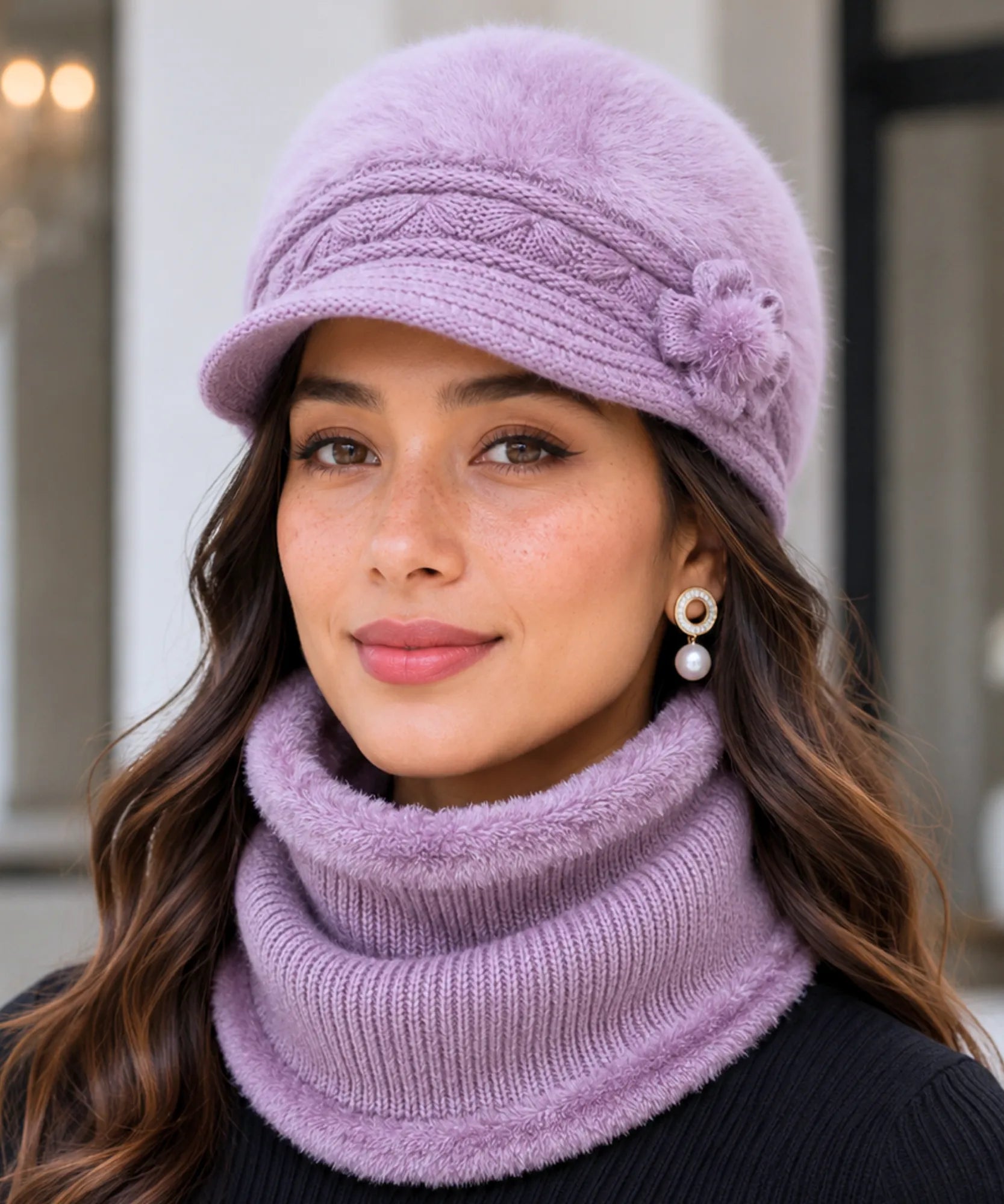 Comprar boina e cachecol feminino de tricô felpudo com forro quente para looks elegantes no inverno ANELLIMN