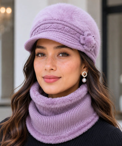 Comprar boina e cachecol feminino de tricô felpudo com forro quente para looks elegantes no inverno ANELLIMN