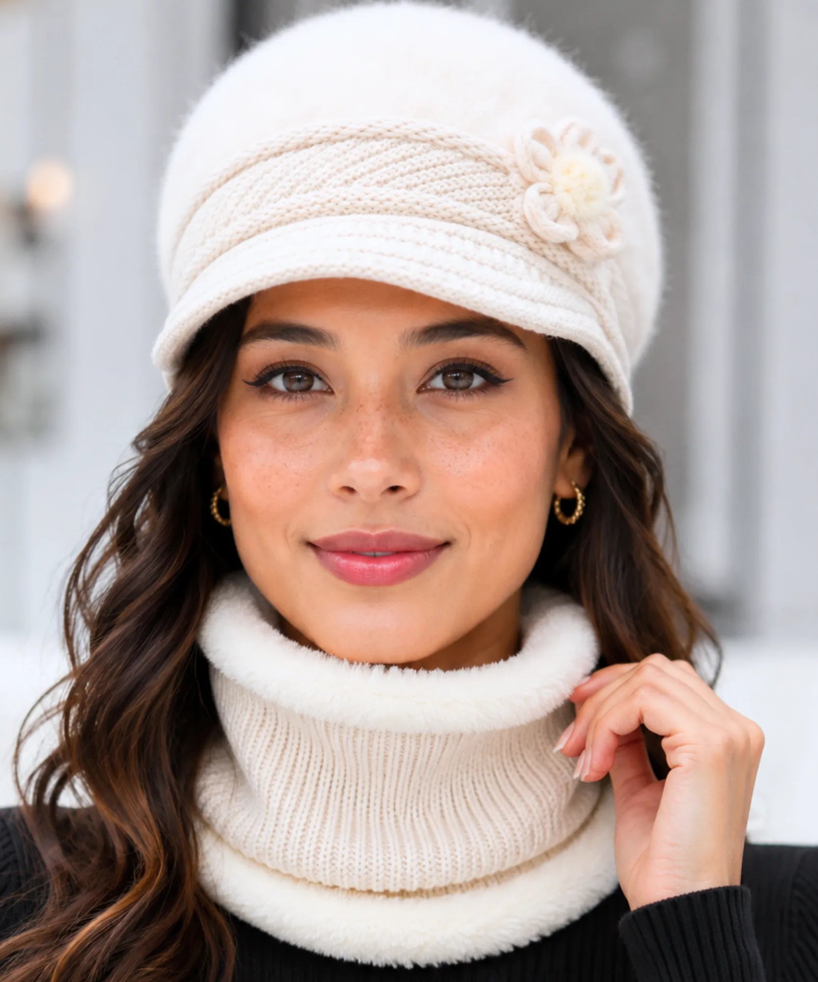 Comprar boina e cachecol feminino de tricô felpudo com forro quente para looks elegantes no inverno ANELLIMN