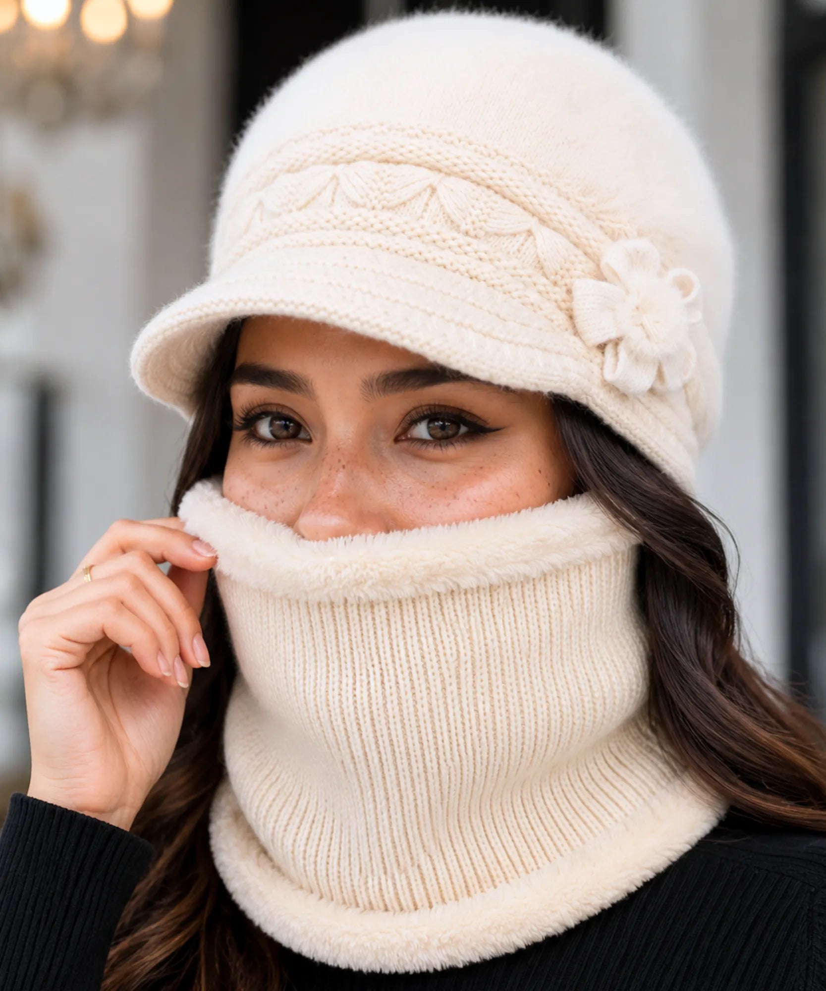 Comprar boina e cachecol feminino de tricô felpudo com forro quente para looks elegantes no inverno ANELLIMN