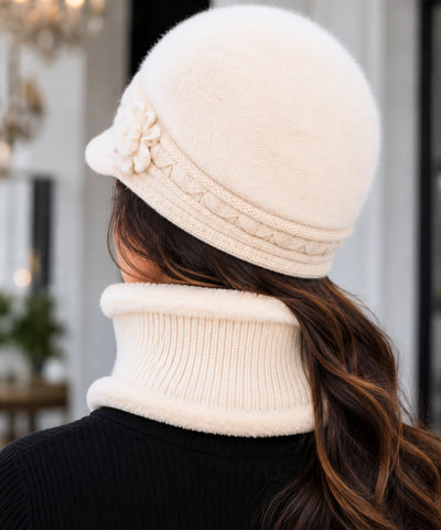 Comprar boina e cachecol feminino de tricô felpudo com forro quente para looks elegantes no inverno ANELLIMN