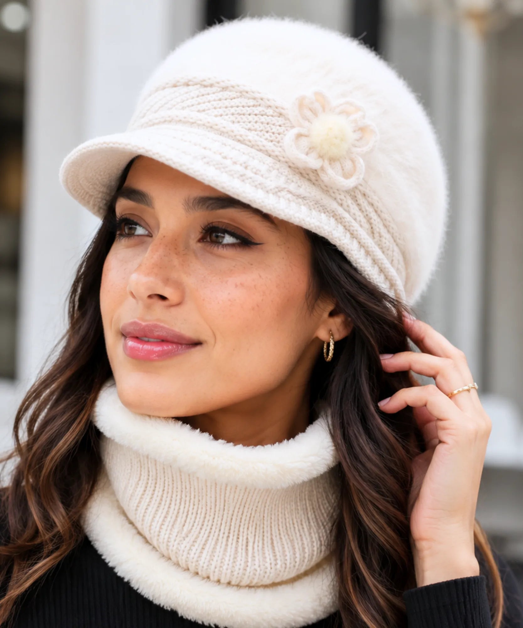 Comprar boina e cachecol feminino de tricô felpudo com forro quente para looks elegantes no inverno ANELLIMN