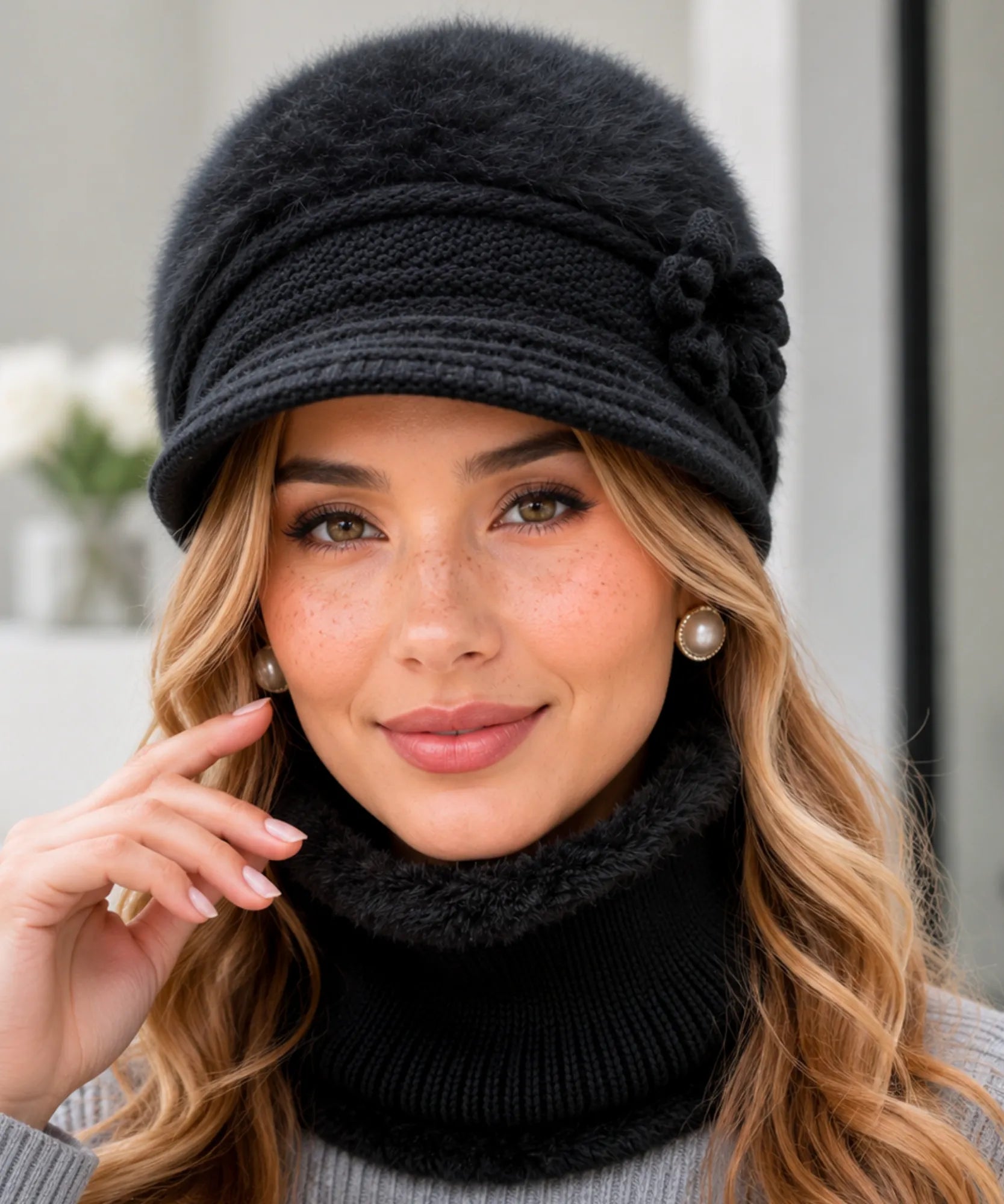 Comprar boina e cachecol feminino de tricô felpudo com forro quente para looks elegantes no inverno ANELLIMN