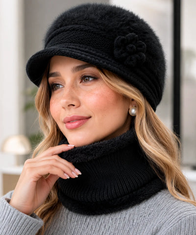 Comprar boina e cachecol feminino de tricô felpudo com forro quente para looks elegantes no inverno ANELLIMN