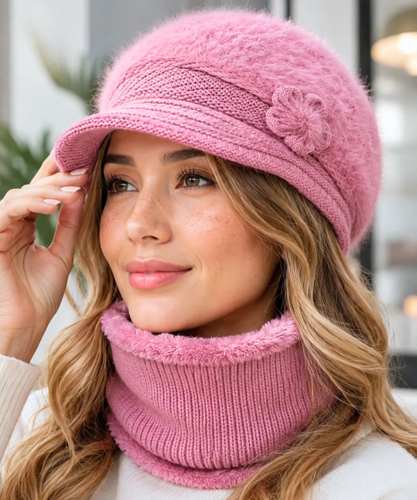 Comprar boina e cachecol feminino de tricô felpudo com forro quente para looks elegantes no inverno ANELLIMN