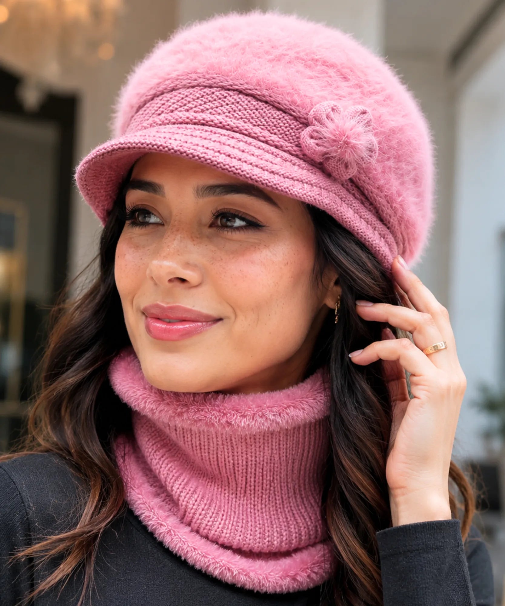 Comprar boina e cachecol feminino de tricô felpudo com forro quente para looks elegantes no inverno ANELLIMN