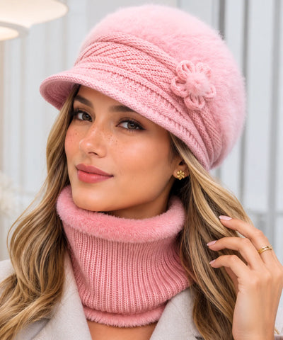 Comprar boina e cachecol feminino de tricô felpudo com forro quente para looks elegantes no inverno ANELLIMN