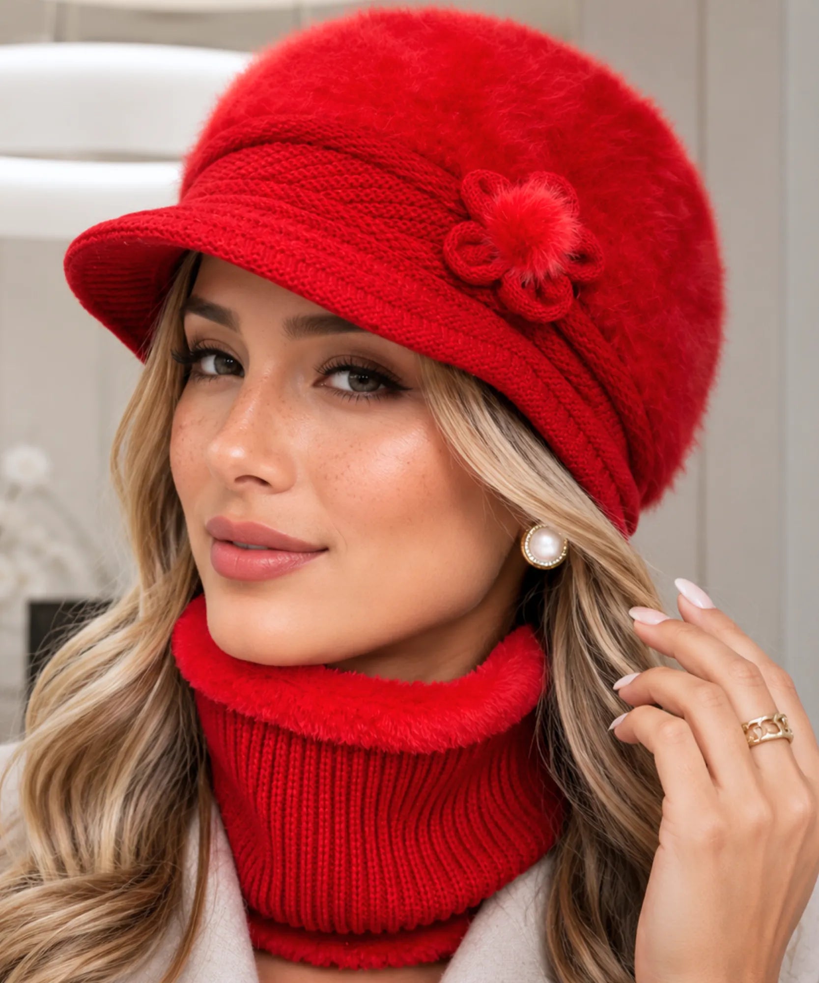 Comprar boina e cachecol feminino de tricô felpudo com forro quente para looks elegantes no inverno ANELLIMN