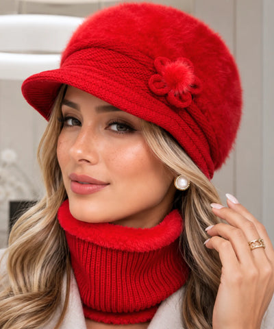 Comprar boina e cachecol feminino de tricô felpudo com forro quente para looks elegantes no inverno ANELLIMN