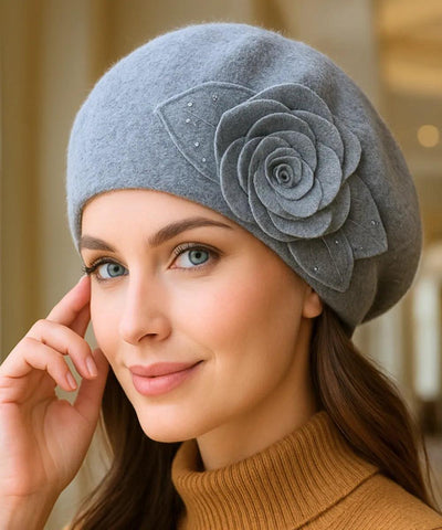 Boina feminina de lã cinza com flor bordada para looks sofisticados de inverno com estilo europeu elegante em promoção ANELLIMN
