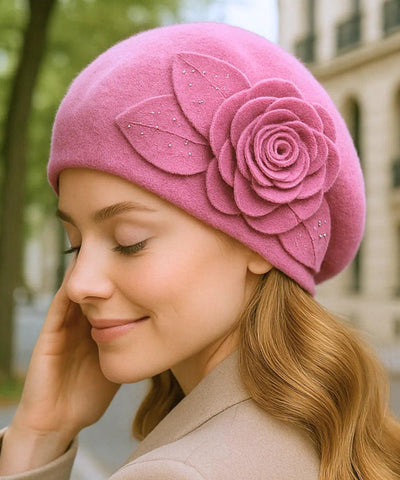 Boina feminina de lã rosa com flor bordada para looks sofisticados de inverno com estilo europeu elegante em promoção ANELLIMN
