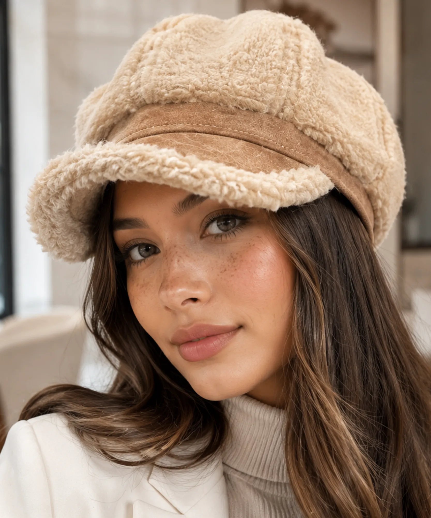 Comprar boina feminina de pelúcia sherpa aba curta estilo italiana capitã inverno frio copa volumosa em promoção ANELLIMN