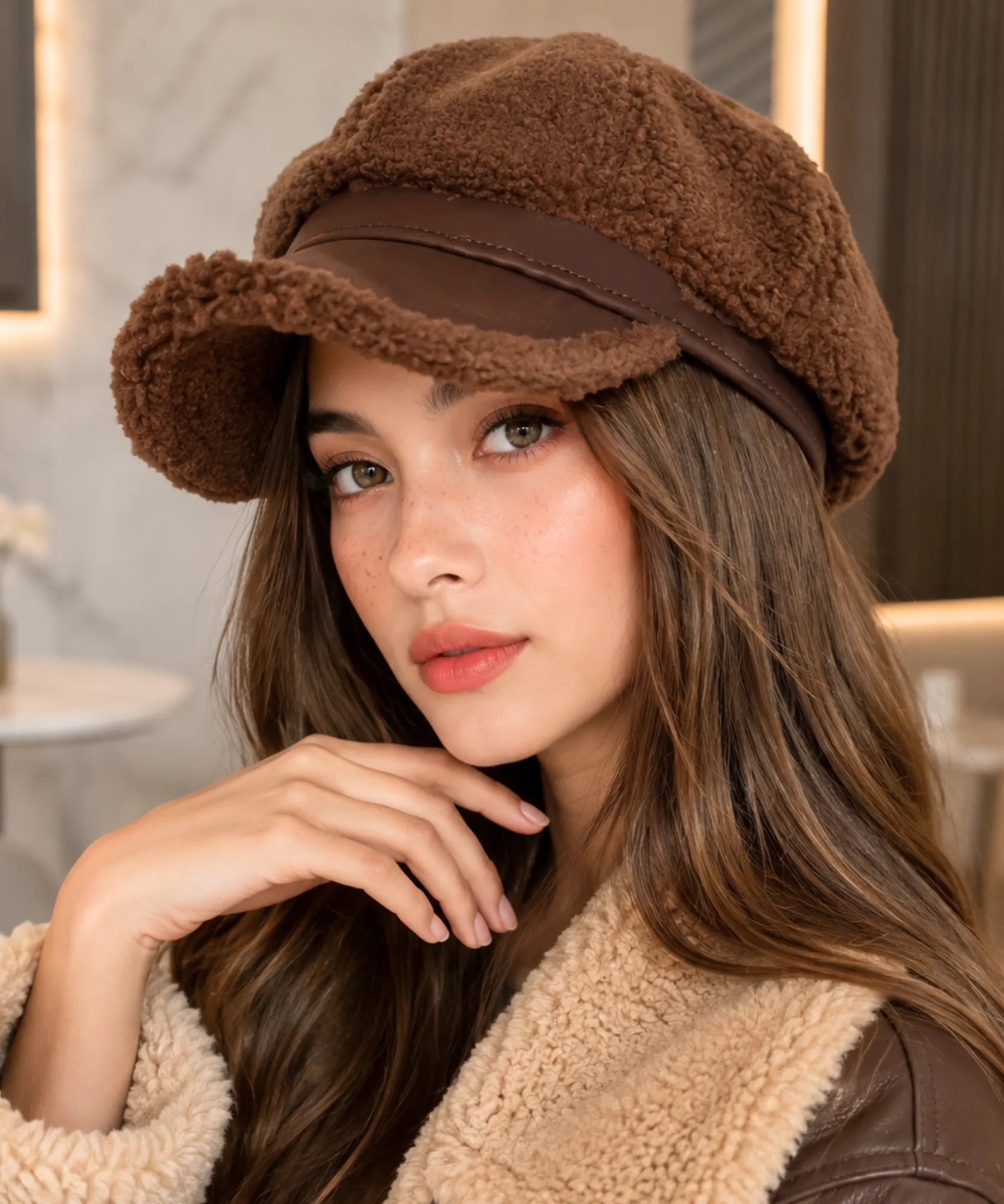 Comprar boina feminina de pelúcia sherpa aba curta estilo italiana capitã inverno frio copa volumosa em promoção ANELLIMN