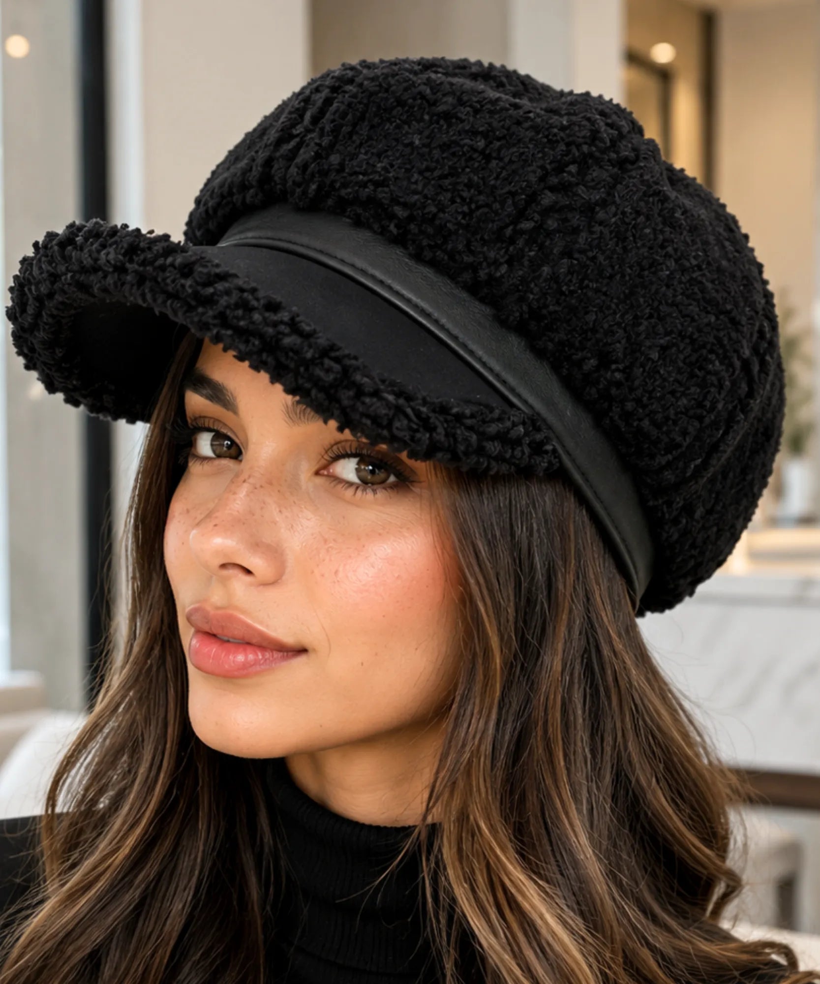 Comprar boina feminina de pelúcia sherpa aba curta estilo italiana capitã inverno frio copa volumosa em promoção ANELLIMN