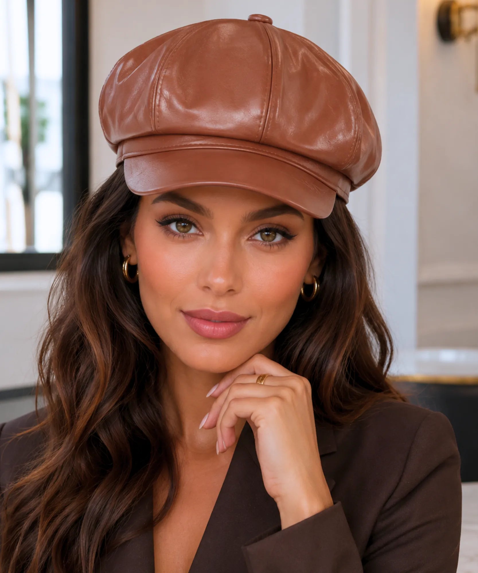 Comprar boina inglesa feminina couro ecológico estilo Peaky Blinders 8 painéis aba rígida elegante várias cores barata em promoção ANELLIMN
