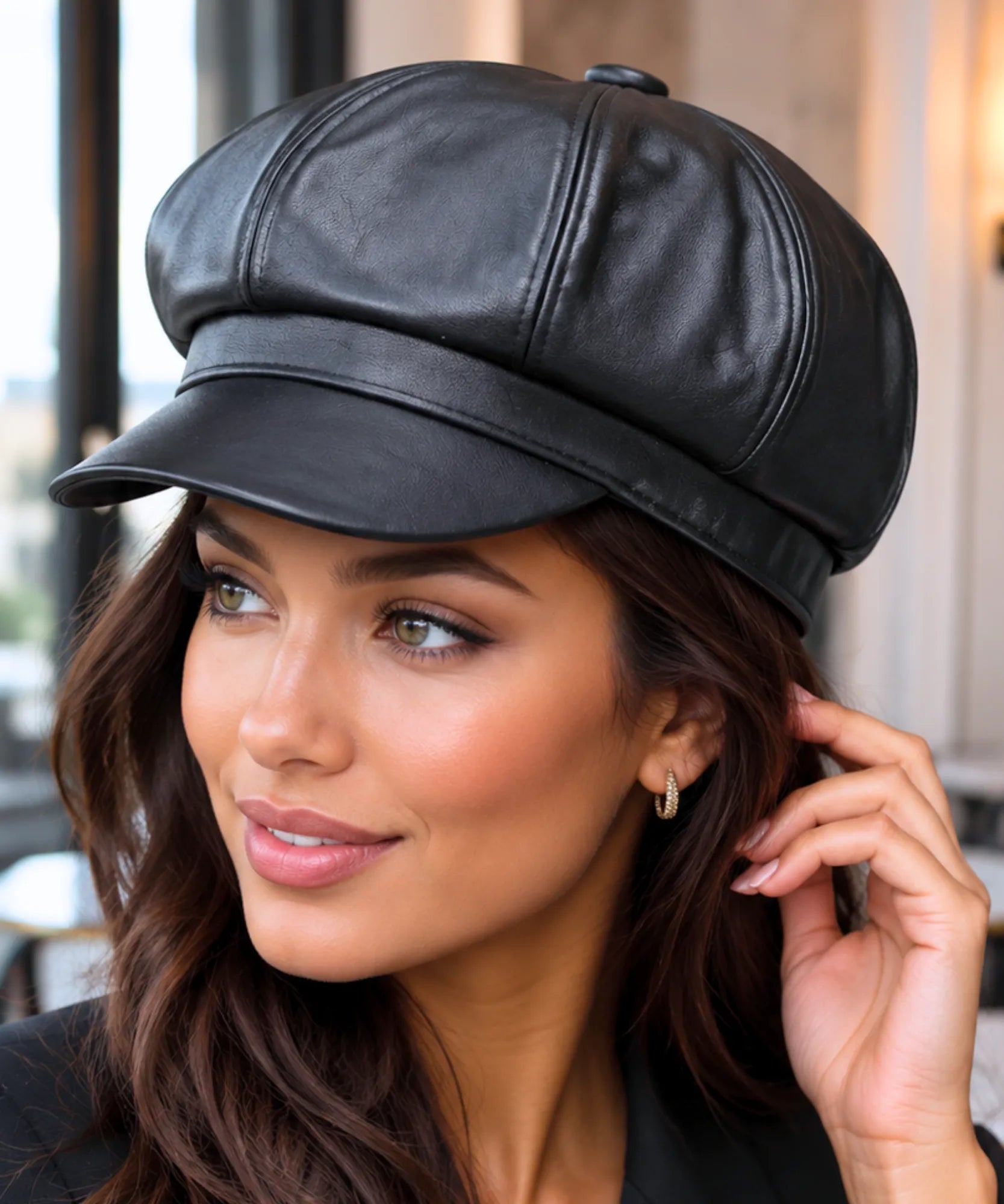 Comprar boina inglesa feminina couro ecológico estilo Peaky Blinders 8 painéis aba rígida elegante várias cores barata em promoção ANELLIMN