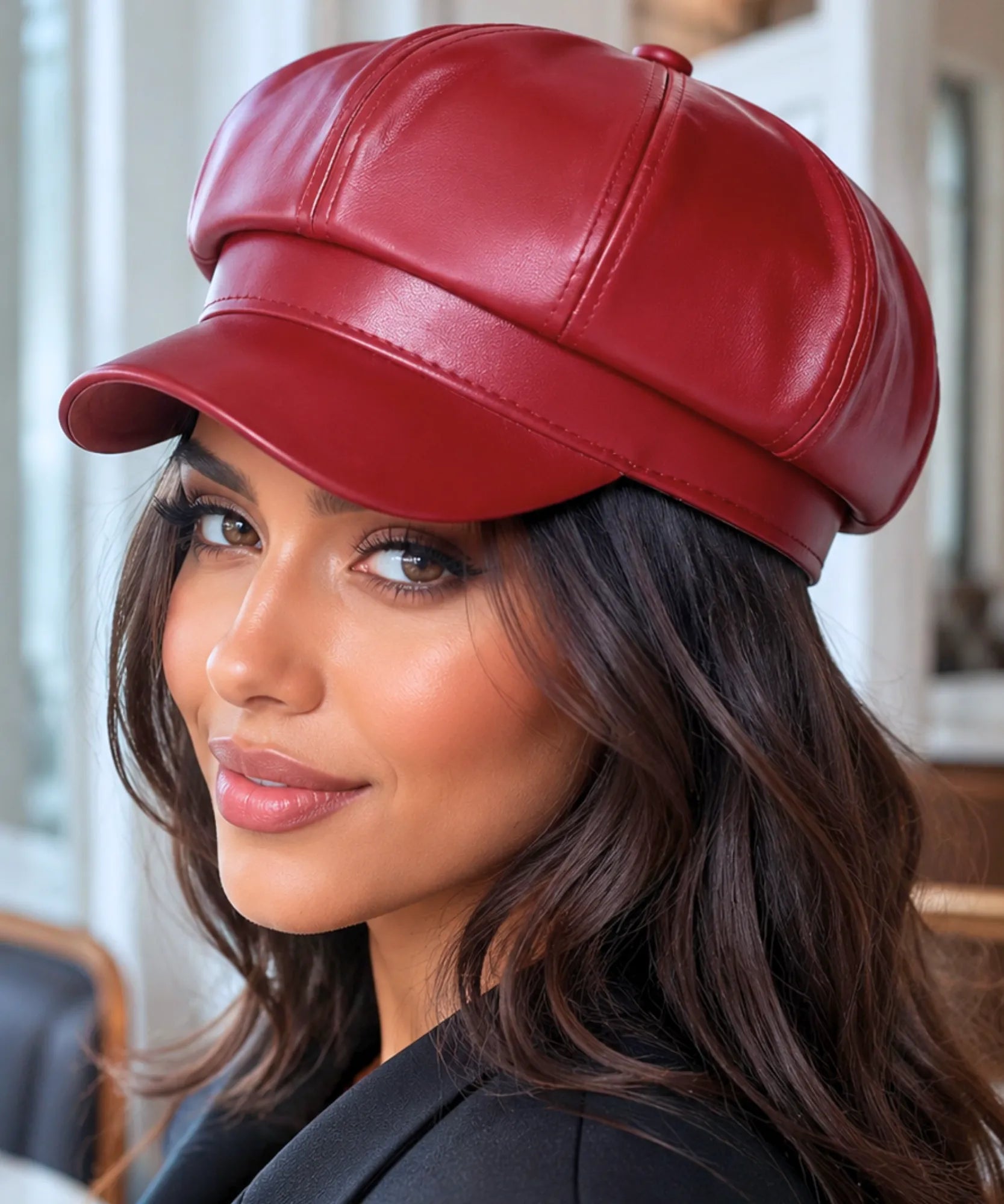 Comprar boina inglesa feminina couro ecológico estilo Peaky Blinders 8 painéis aba rígida elegante várias cores barata em promoção ANELLIMN