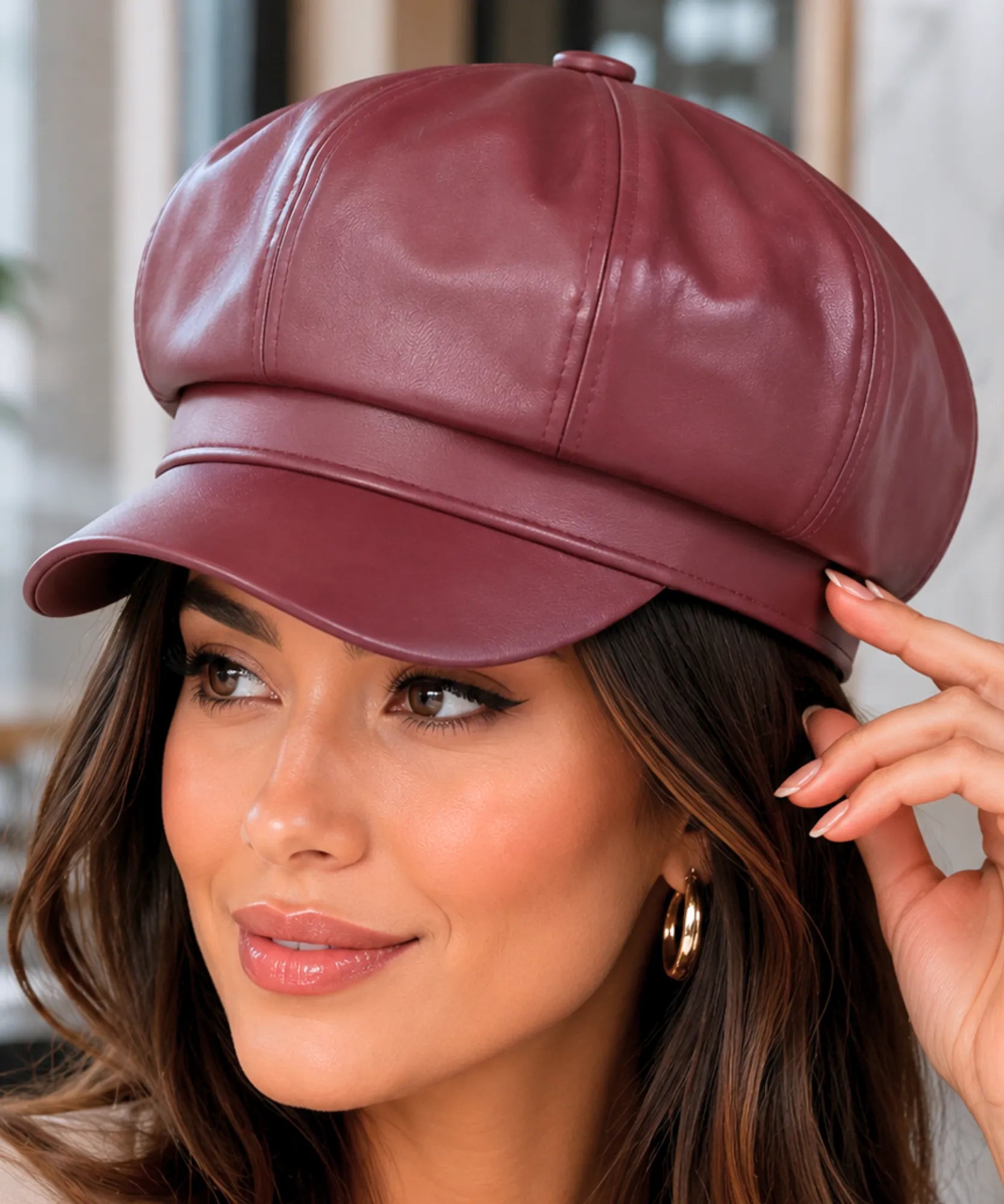 Comprar boina inglesa feminina couro ecológico estilo Peaky Blinders 8 painéis aba rígida elegante várias cores barata em promoção ANELLIMN
