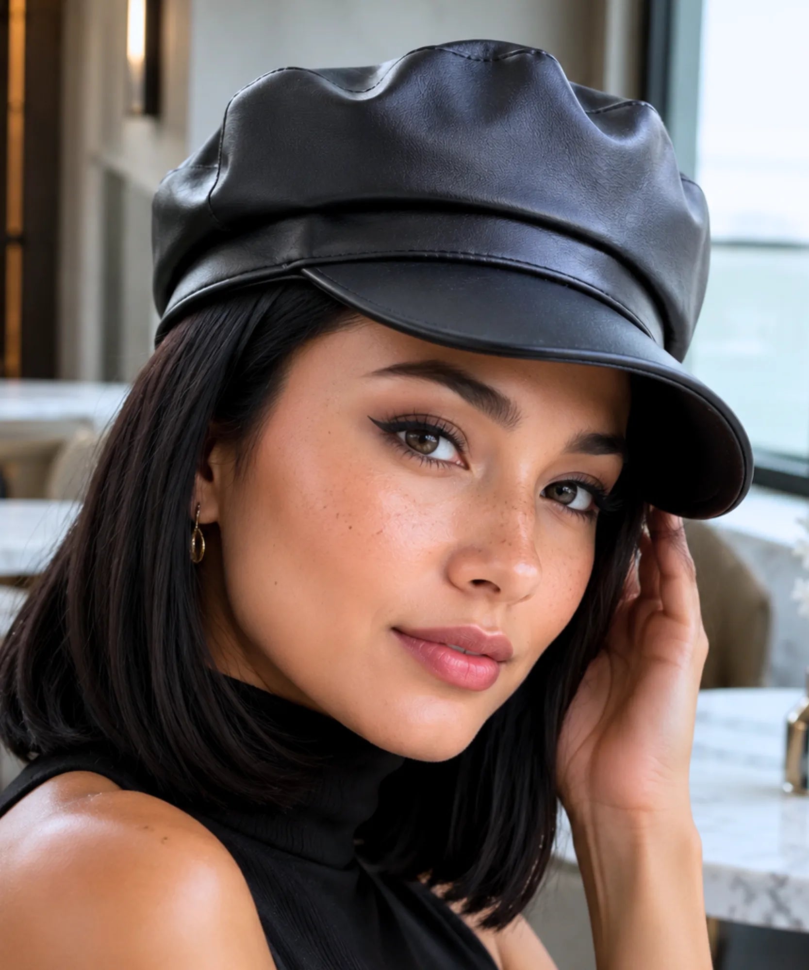 Comprar boina italiana feminina de couro aba reta estruturada estilo inglês capitã Peaky Blinders ANELLIMN