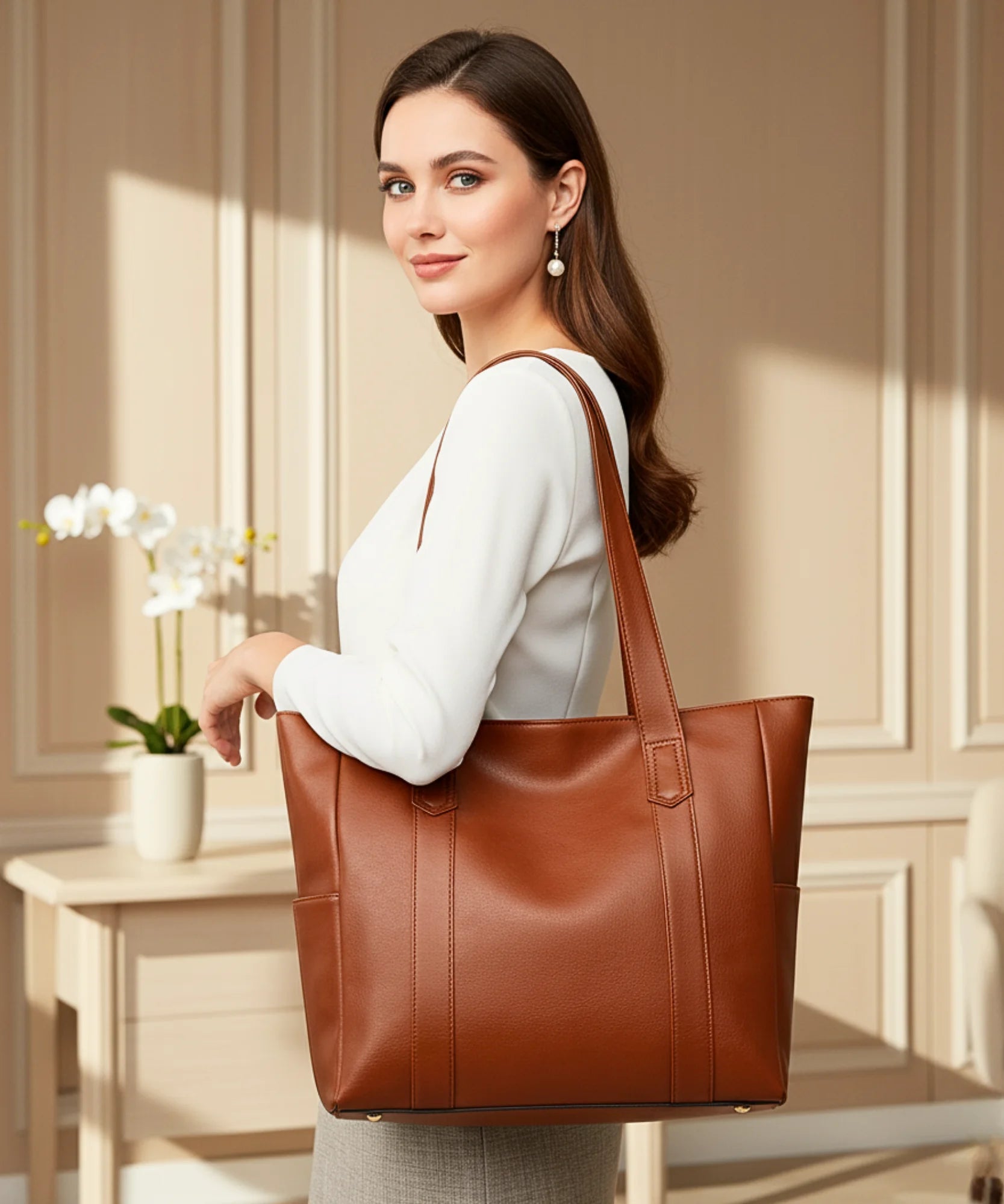 Comprar bolsa feminina grande couro sintético tote preta espaçosa para trabalho faculdade e notebook barato ANELLIMN